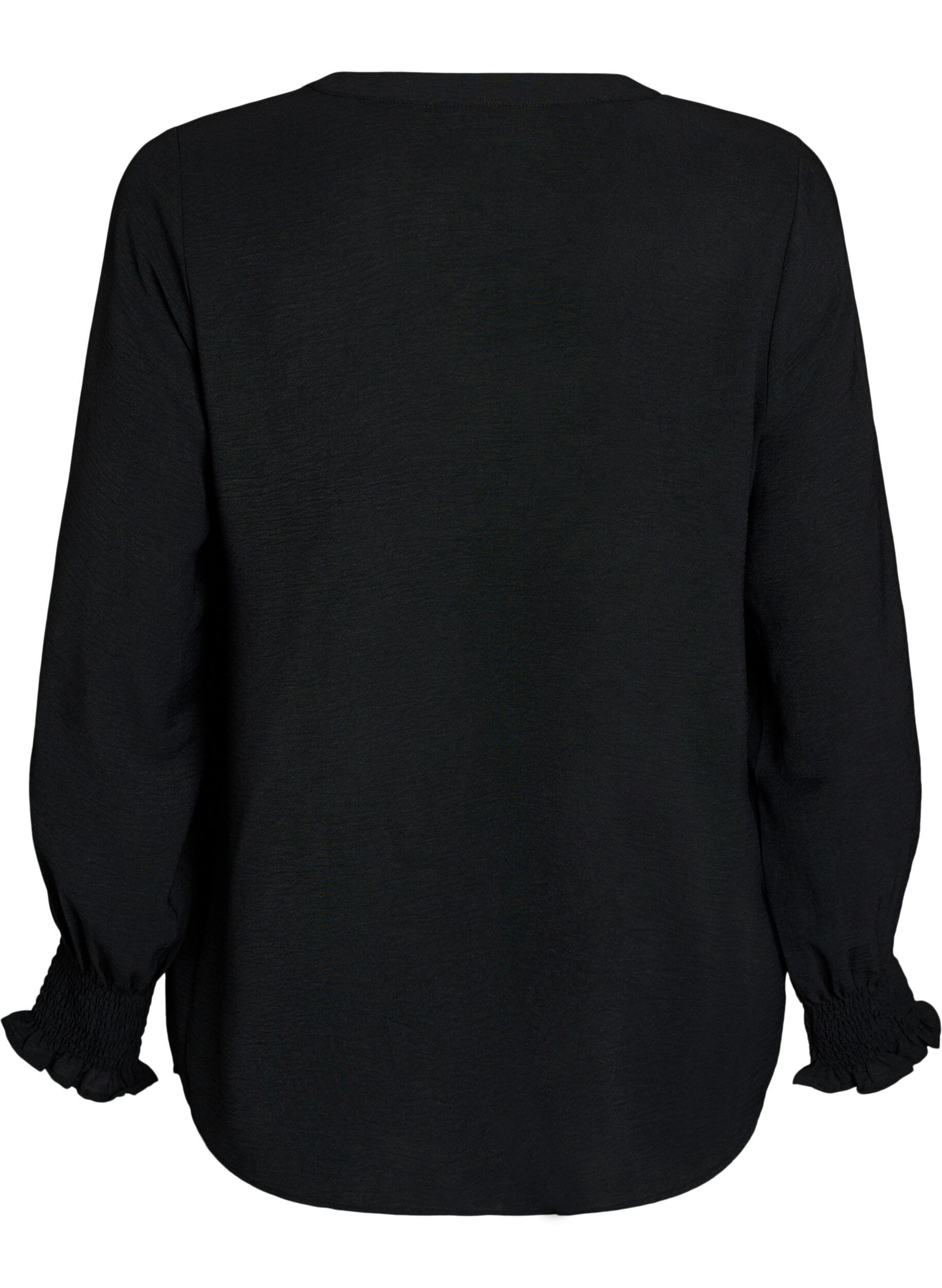 ZizziBluse med smockmansjetter og V-hals, Svart, Packshot image number 1
