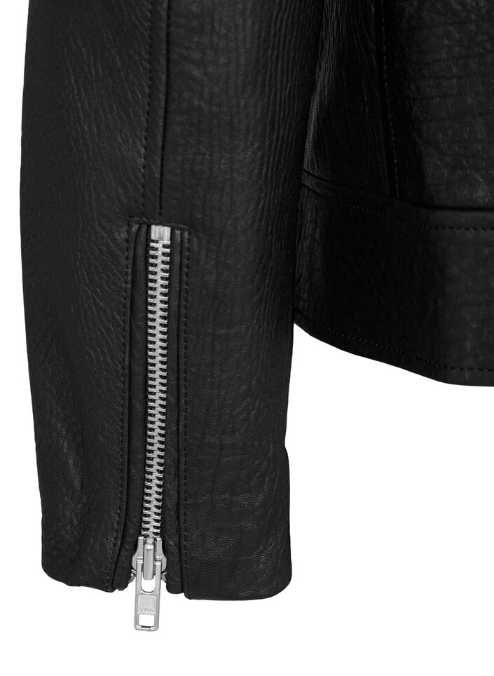 Bikerjakke i skinn med lommer, Black, Packshot image number 3