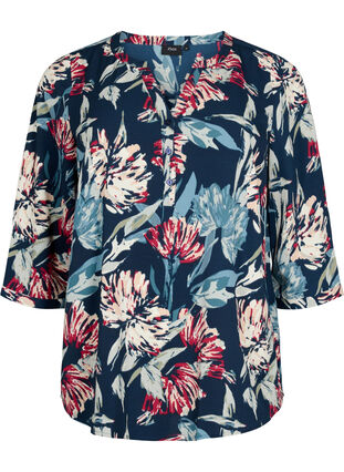 Blomstret bluse med 3/4-ermer , Navy Flower, Packshot image number 0