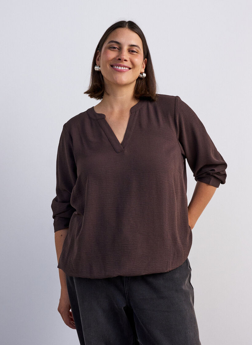 Bluse med ballongsilhuett og V-hals, Brun, Model image number 0