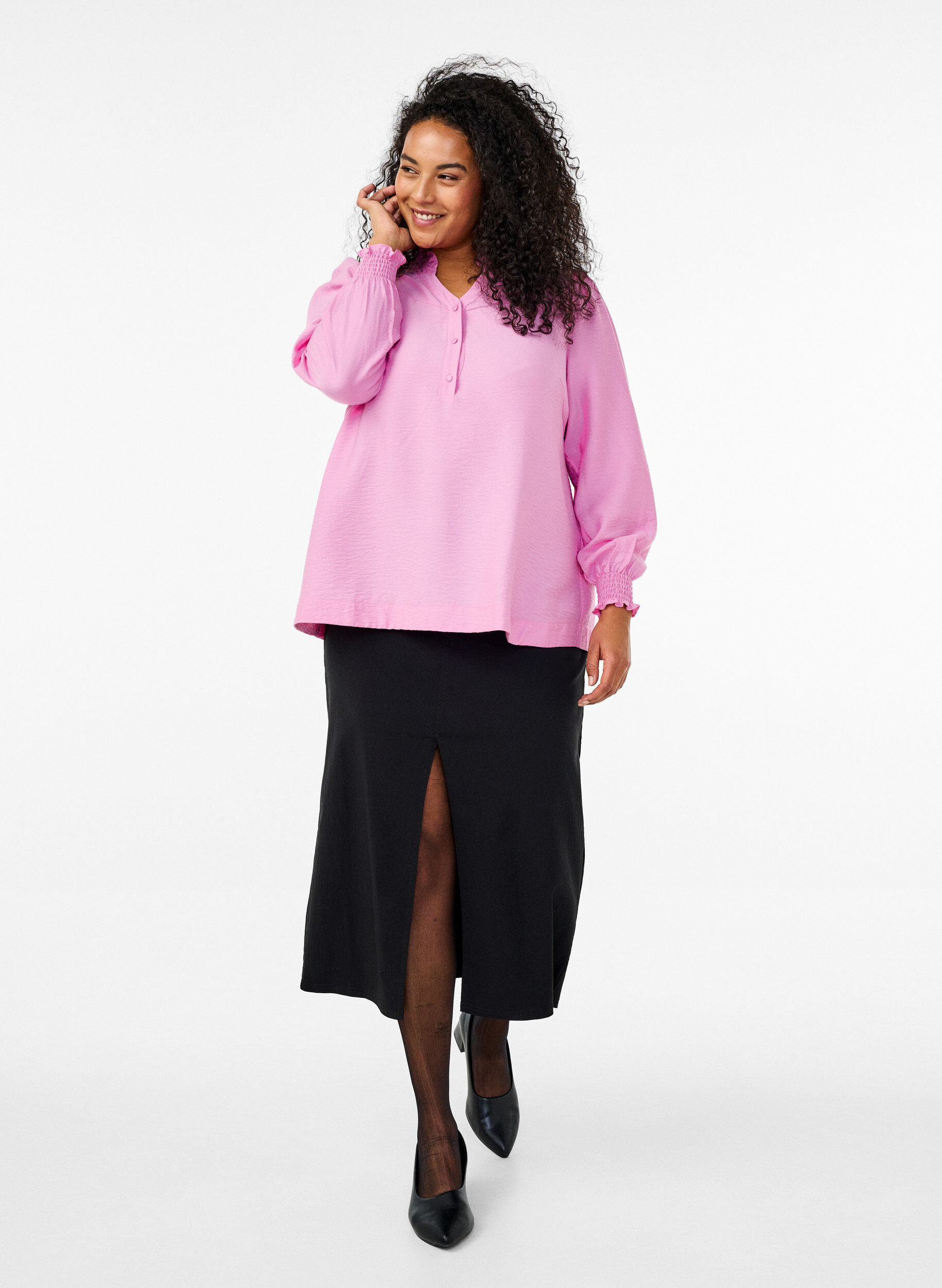 Zizzi Bluse med volangkrage, Rosa, Model image number 1