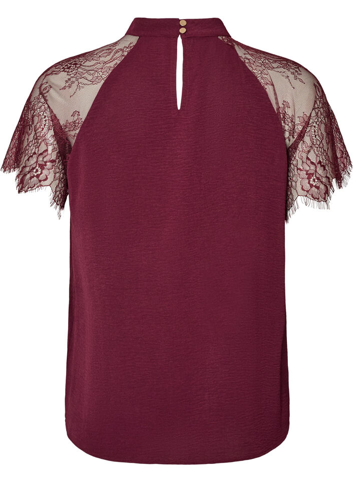 Bluse med korte blondeermer og h&oslash;y hals, R&oslash;d, Packshot image number 1