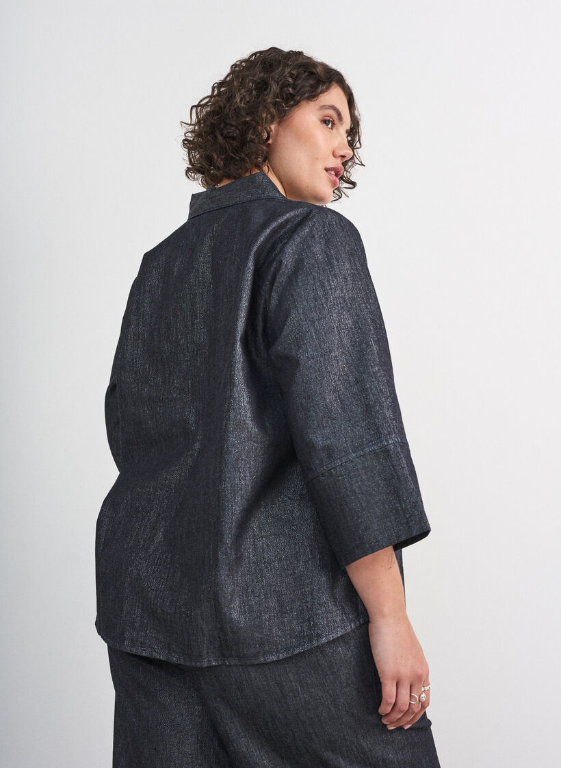 Denimskjorte med glittertr&aring;d og 3/4 ermer, Gr&aring;, Model image number 2