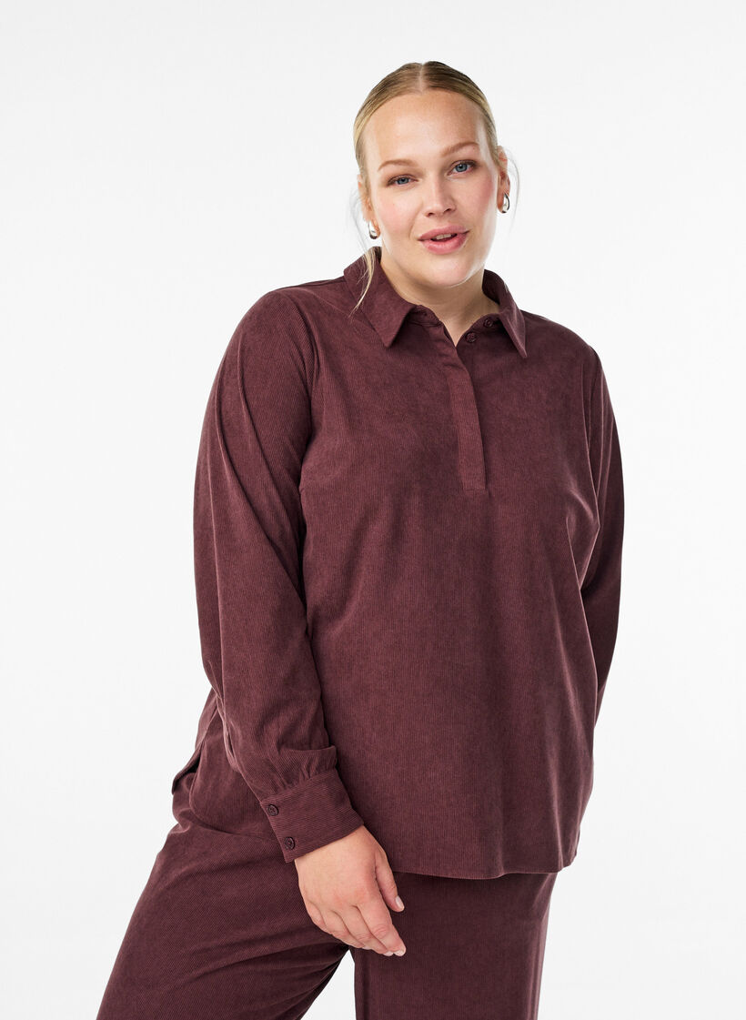 Langermet skjortebluse i cordfløyel, Mørk Bordeaux, Model image number 0