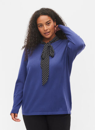 Strikkegenser i viskose med lange ermer, Deep Cobalt Solid, Model image number 0
