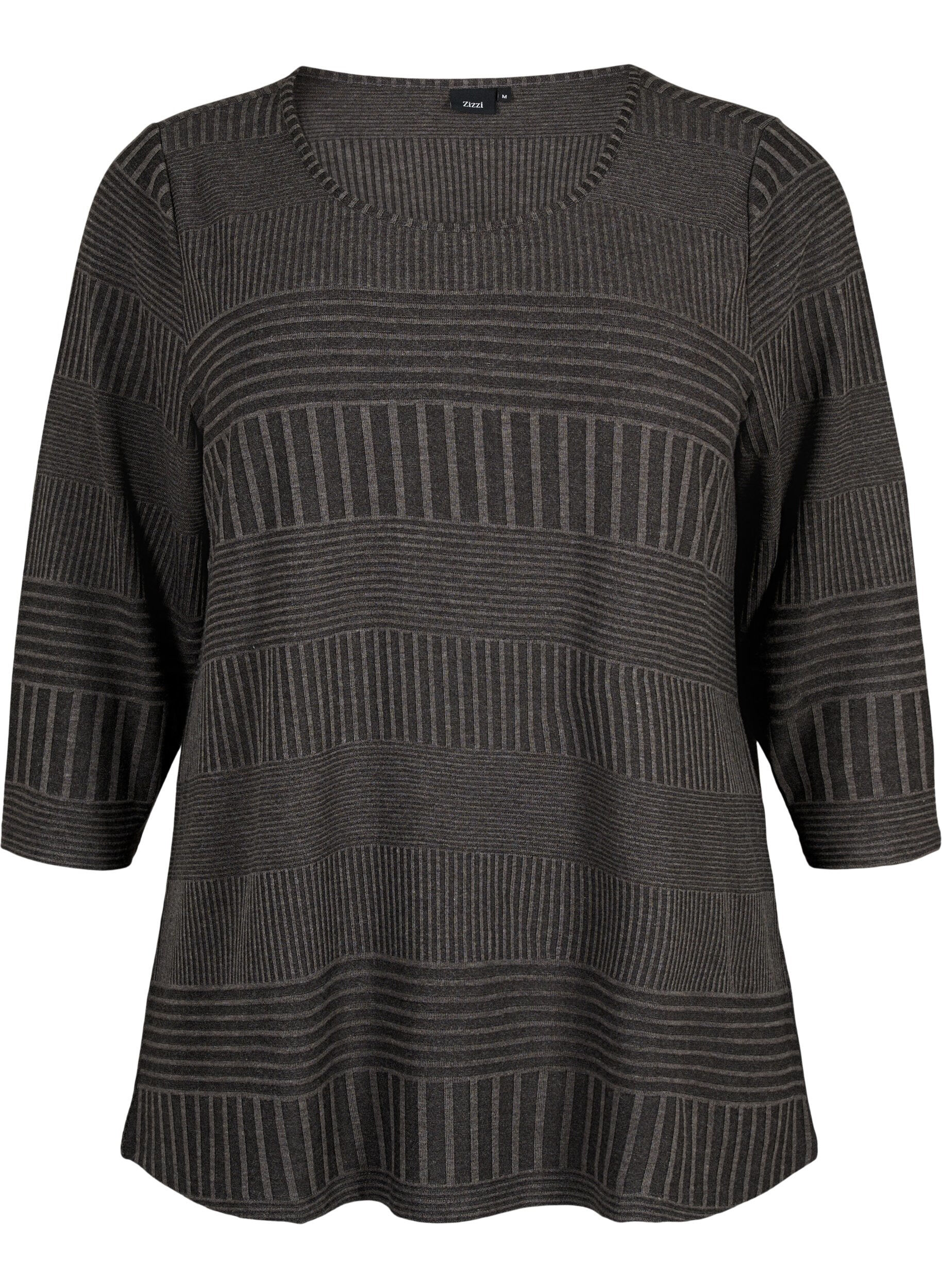 Zizzi Bluse med 3/4-ermer og stripem&oslash;nster, Dark Grey Melange, Packshot image number 0