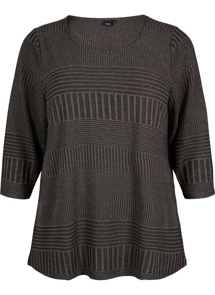 Bluse med 3/4-ermer og stripemønster, Dark Grey Melange, Packshot image number 0