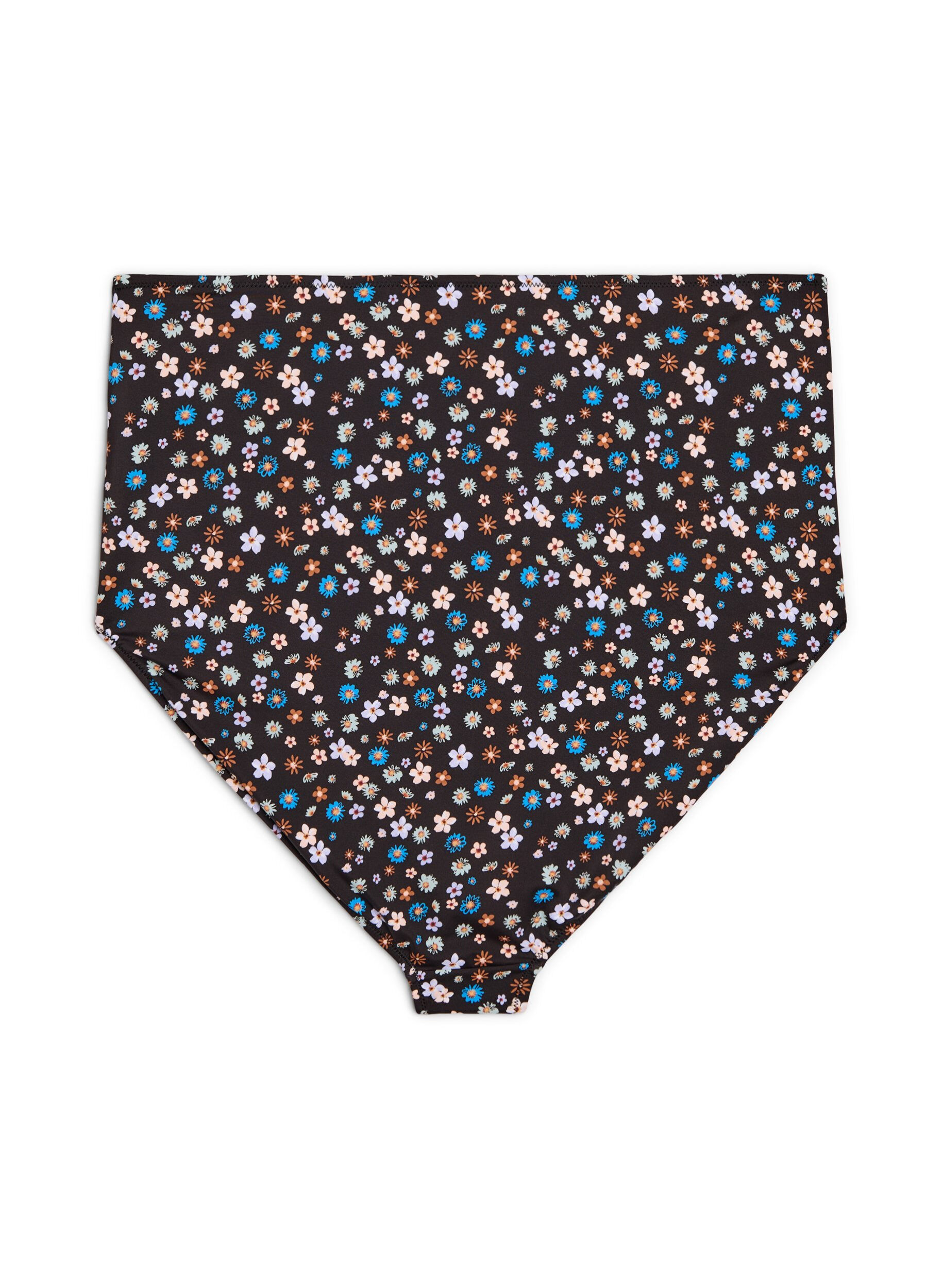 Zizzi Ekstra h&oslash;y midje bikiniunderdel med blomstertrykk, Brun, Packshot image number 1