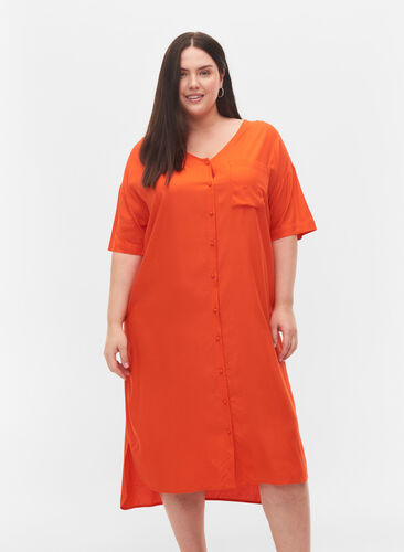 Kortermet skjortekjole i viskose, Mandarin Red, Model image number 0