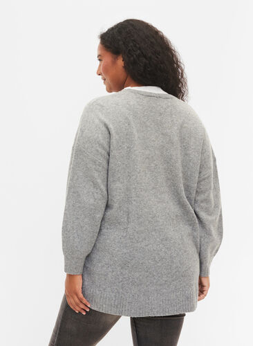 Zizzi Lang strikket cardigan med glidelås og lommer, Medium Grey Melange, Model image number 1