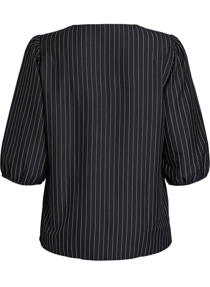 Bluse med pinstriper og knytesnorer, Svart, Packshot image number 1