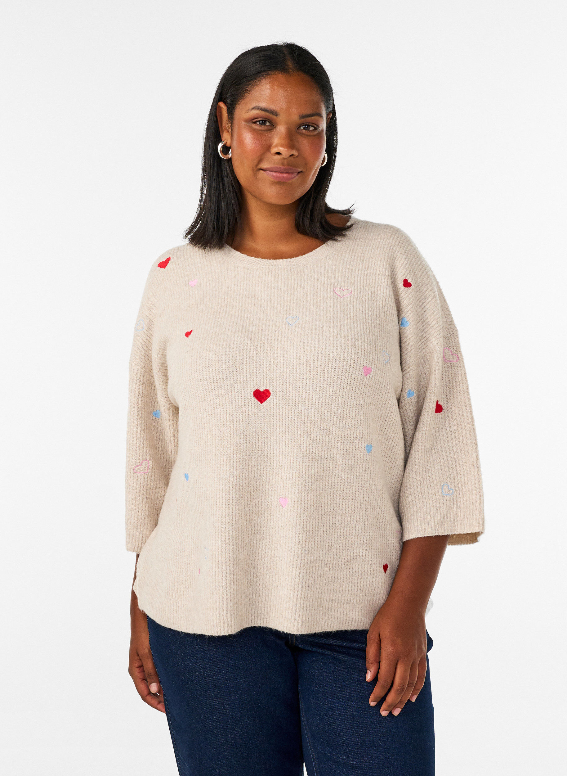 Strikket bluse med hjerter og 3/4-ermer, Beige, Model