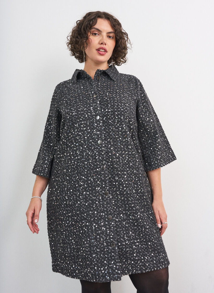 Denimkjole med paljetter og 3/4-ermer, Svart, Model image number 0