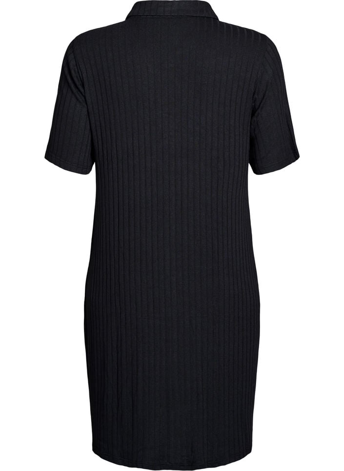 Knelang skjortekjole i jersey med korte ermer, Svart, Packshot image number 1