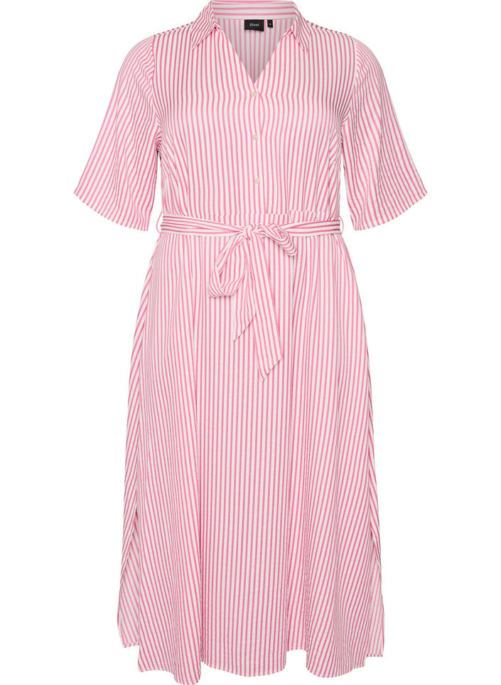 Skjortekjole i ankellengde med bindebelte og striper, Rosa, Packshot image number 0