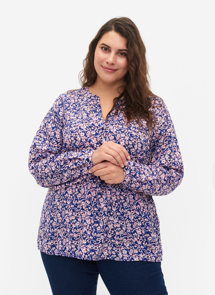 FLASH - Langermet bluse med mønster, Strong Blue Flower, Model image number 0
