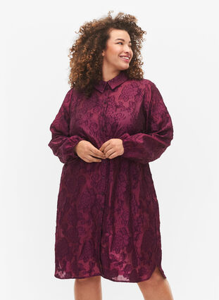 Lang jacquard skjorte, Dark Purple, Model image number 0