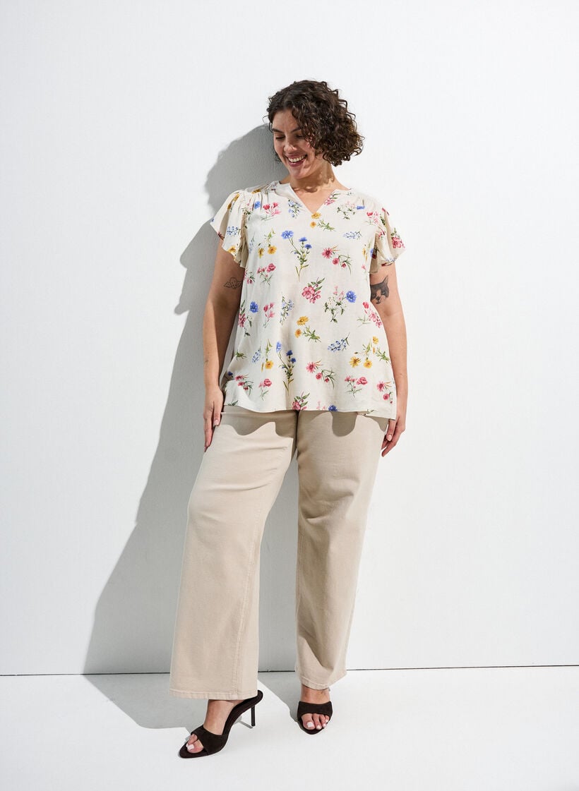 Bluse i viskose og lin med volangermer, Beige, Image image number 0