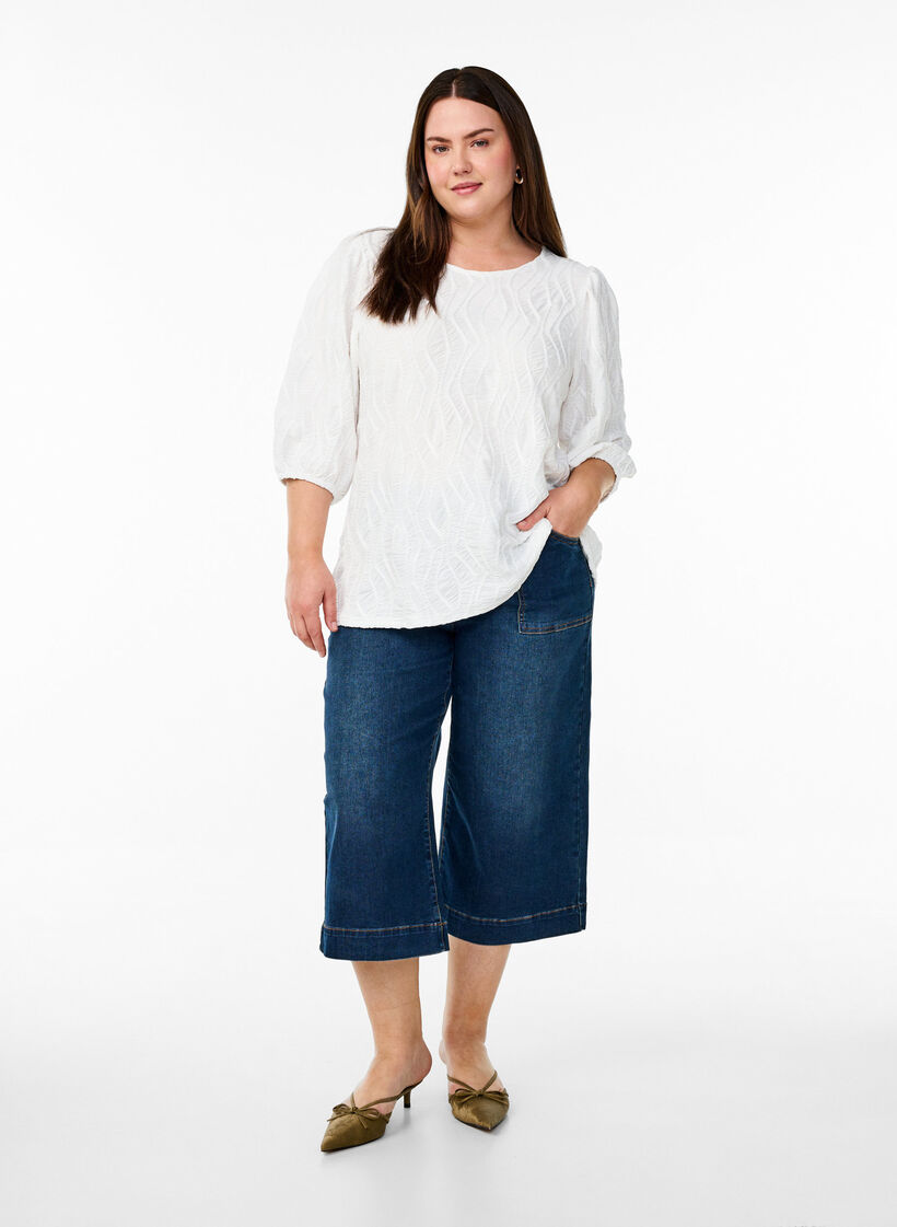 Bluse med tekstur og 3/4-ermer, Hvit, Model image number 1