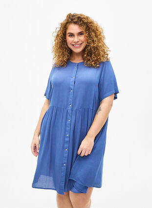 A-linjeformet kjole i viskose med korte ermer, Moonlight Blue, Model image number 0