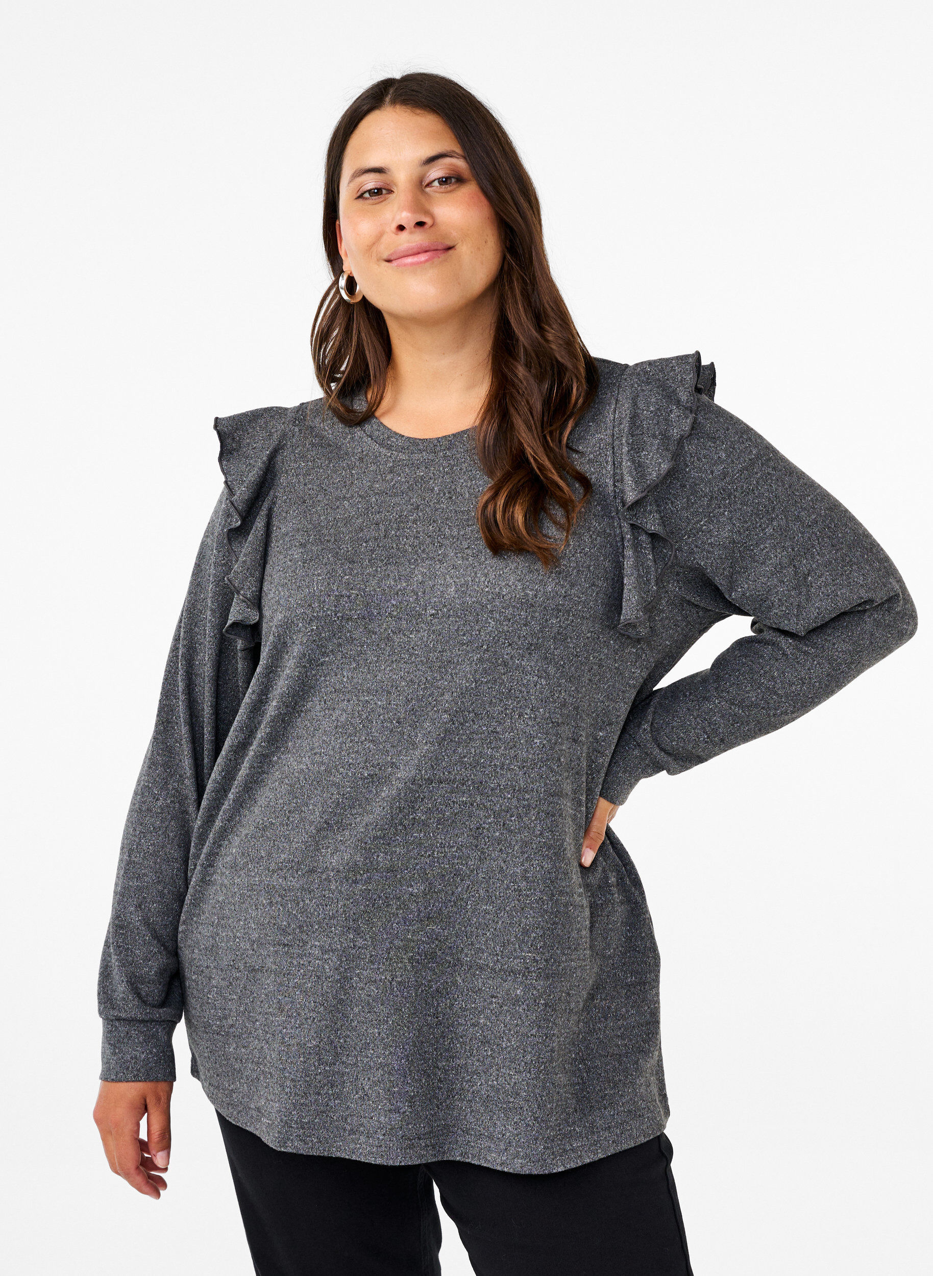 Zizzi Langermet bluse med volangdetaljer, Dark Grey Melange, Model image number 0