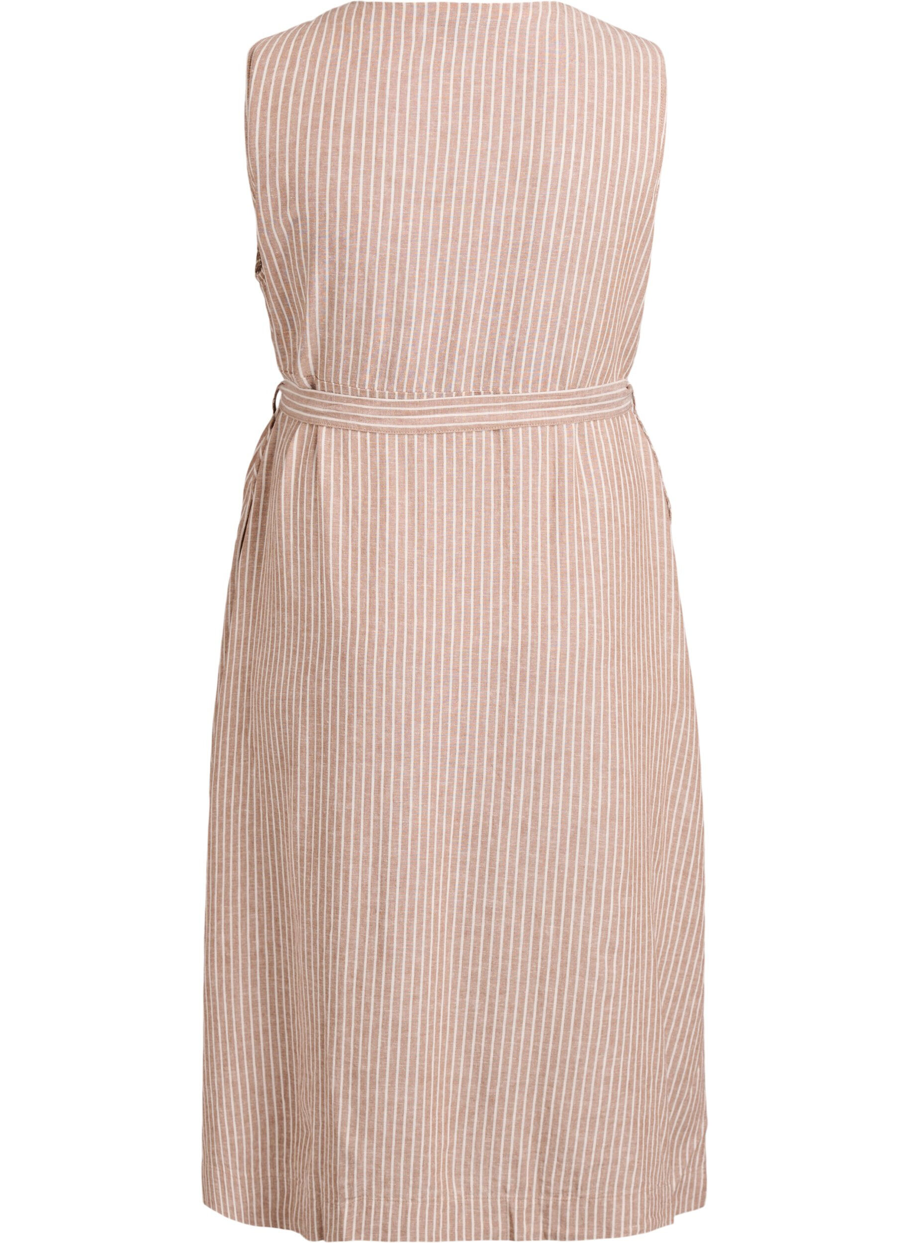 ZizziErmel&oslash;s stripet midikjole i lin og viskose, Beige, Packshot image number 1
