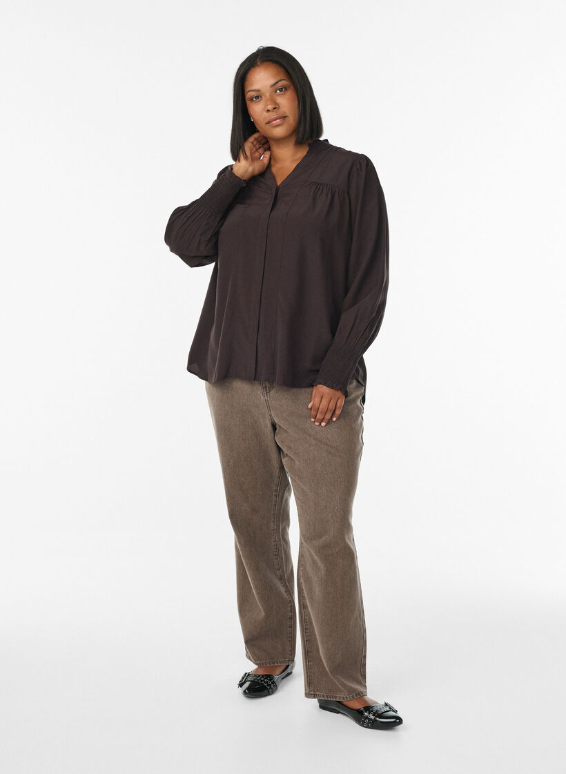 Bluse med rysjekrage og rynking, Brun, Model image number 1