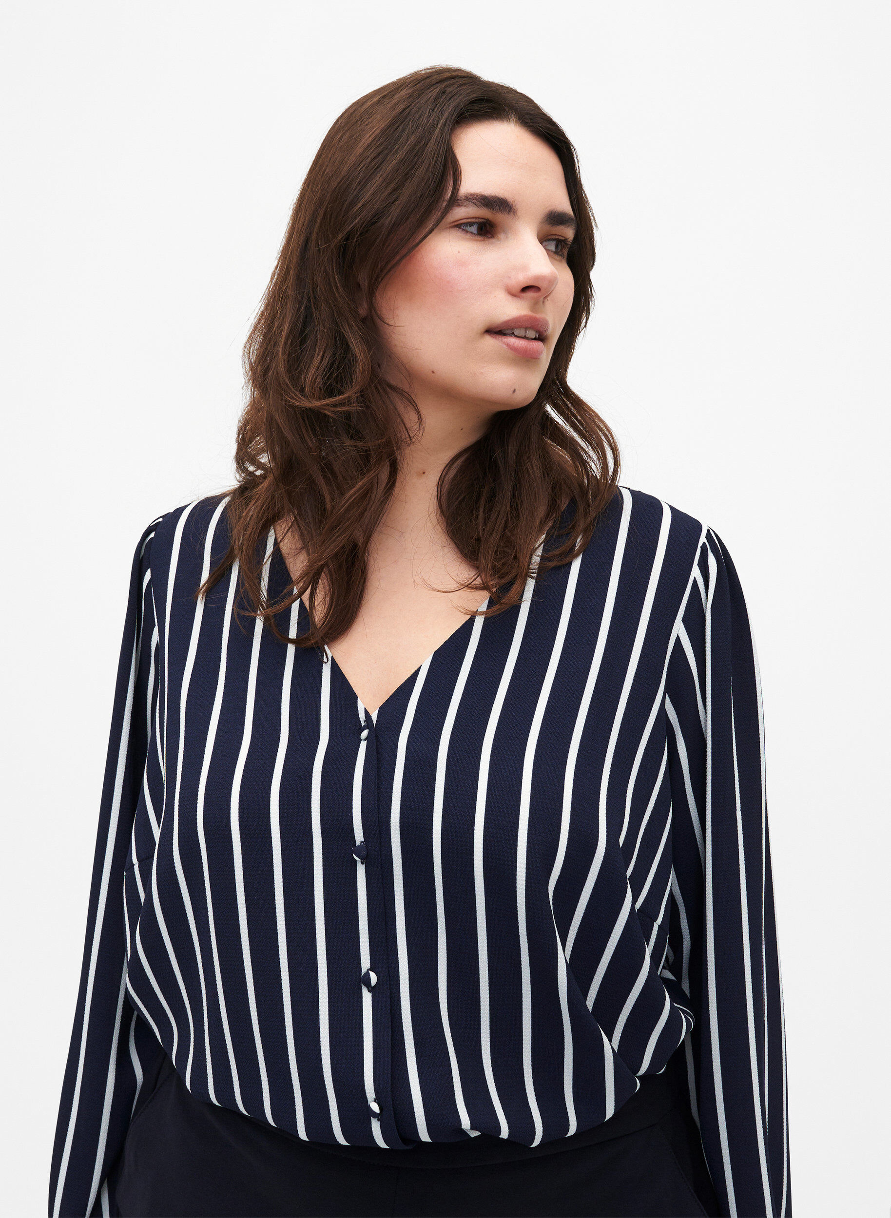 Zizzi Skjortebluse med v-hals og trykk, Maritime Blue Stripe, Model image number 0