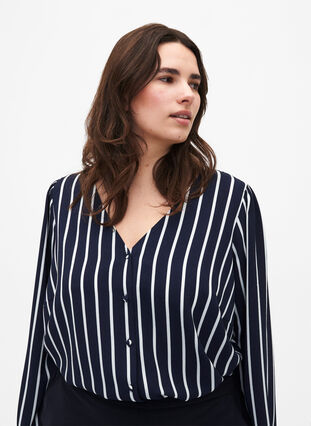 Skjortebluse med v-hals og trykk, Maritime Blue Stripe, Model image number 0