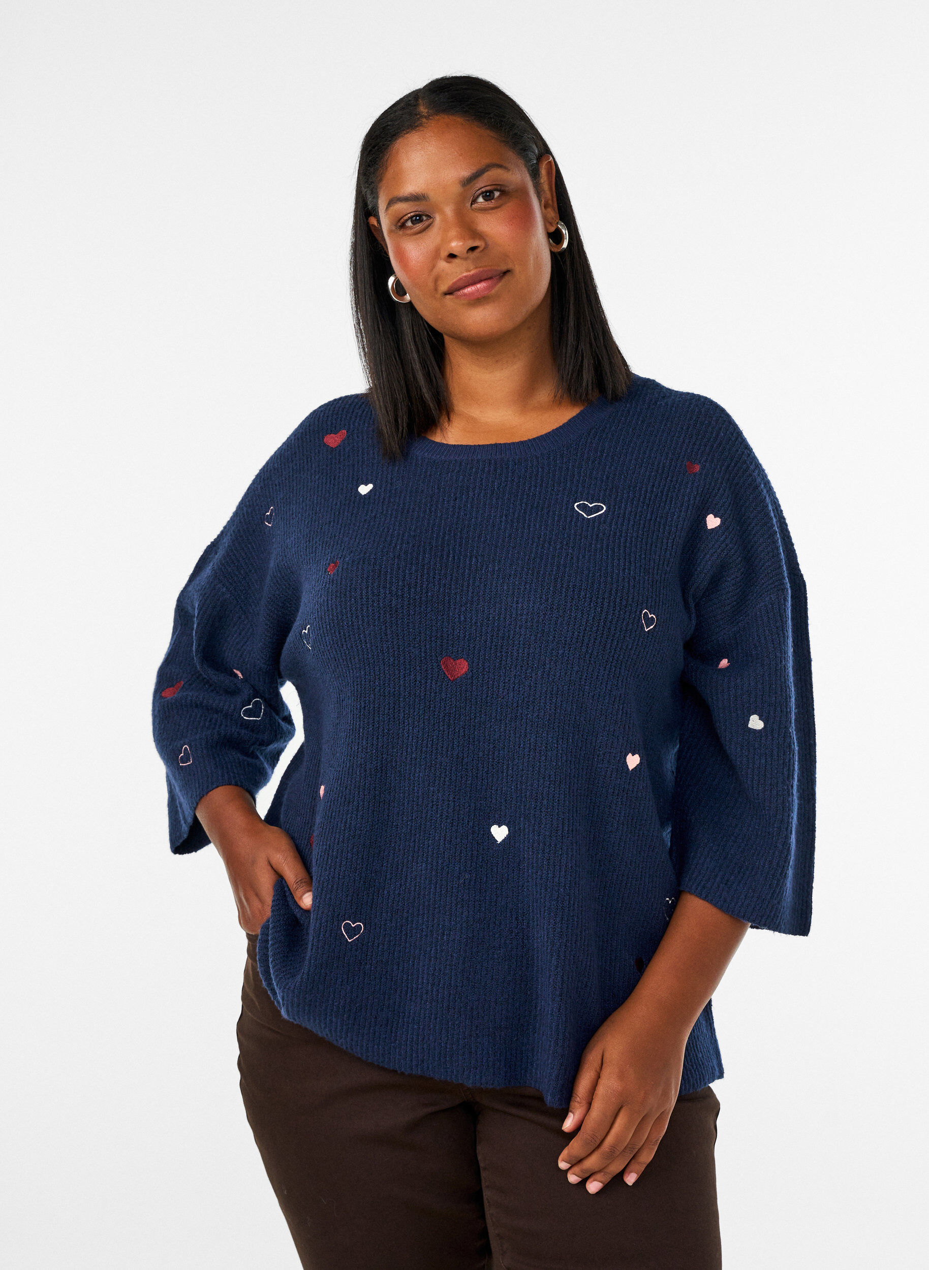 ZizziGenser med hjerter og 3/4 ermer, Bl&aring;, Model image number 0