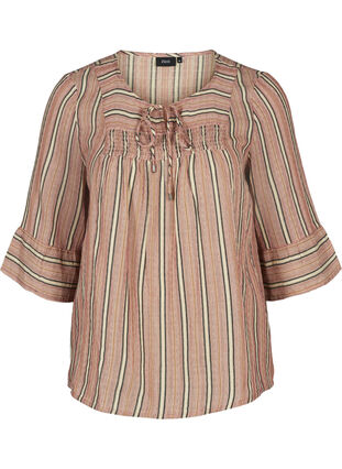 Stripete bluse med 3/4-ermer og smock, Rose Smoke stripe, Packshot image number 0