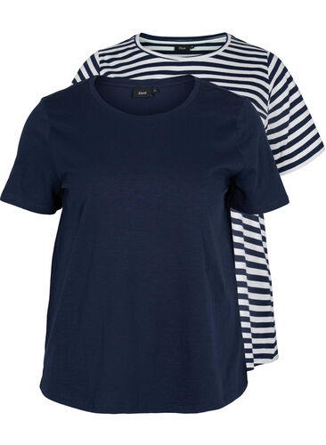 Basis T-skjorter i bomull, 2 stk., Navy/Navy Stripe, Packshot image number 0