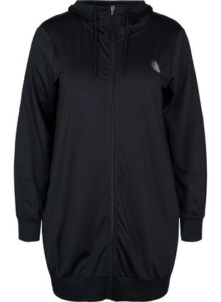 Lang treningsjakke med hette og lommer, Black, Packshot image number 0