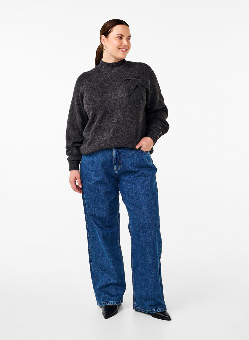 Strikket bluse med sløyfedetaljer, Dark Grey White Mel., Model image number 2