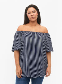 Stripete bluse av viskose med korte ermer, Navy B./White Stripe, Model