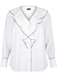 Langermet viskose-skjortebluse med volanger, Bright White