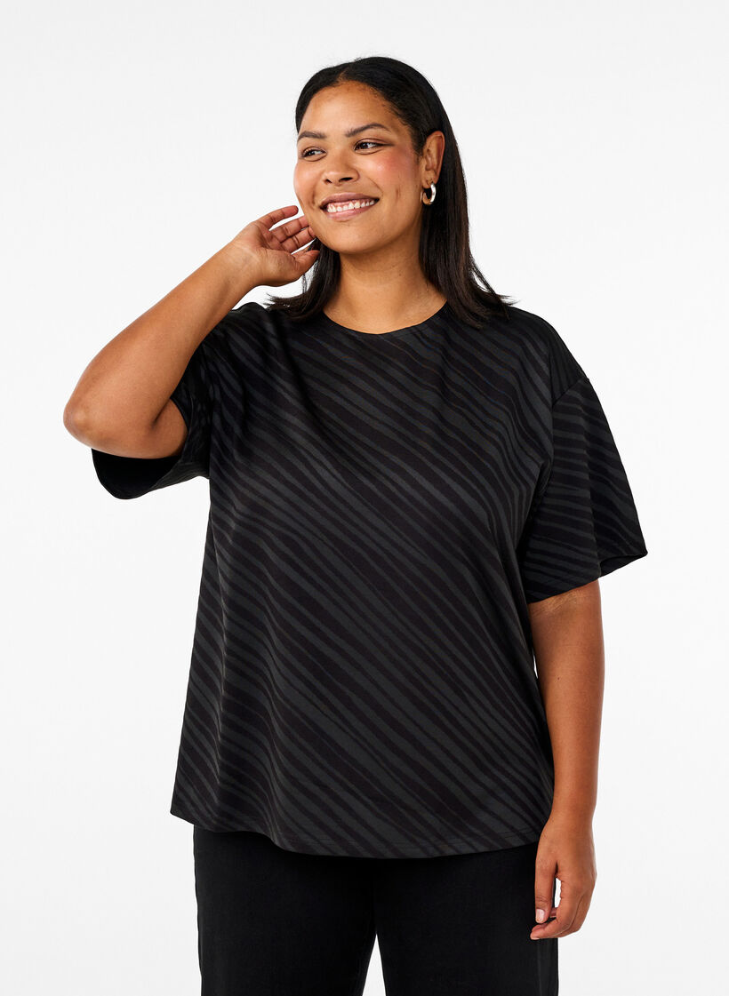 Oversize bluse med mønster, Svart, Model image number 0