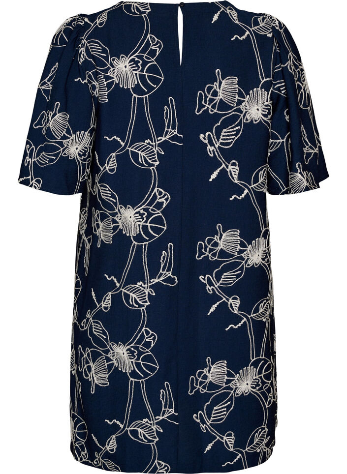 Kort A-formet kjole med brodert m&oslash;nster, Bl&aring;, Packshot image number 1