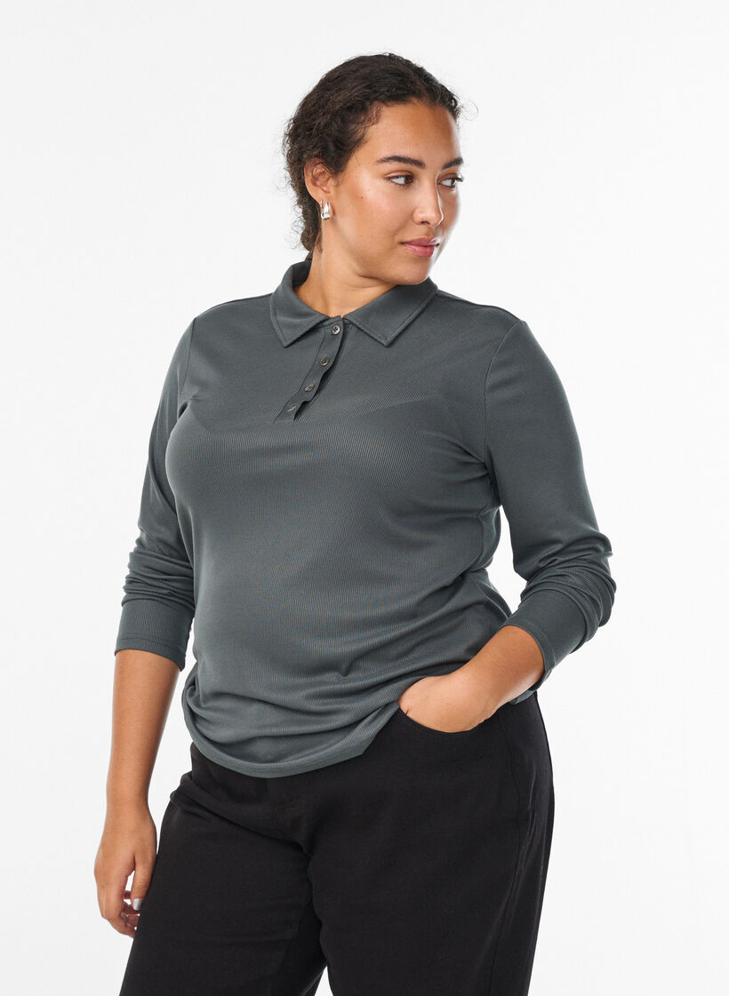 Poloskjorte i myk ribb med lange ermer, Grønn, Model image number 0