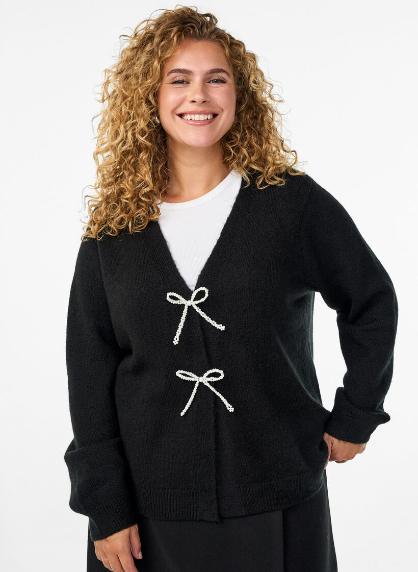 Strikkekardigan med perleknapper, Black, Model