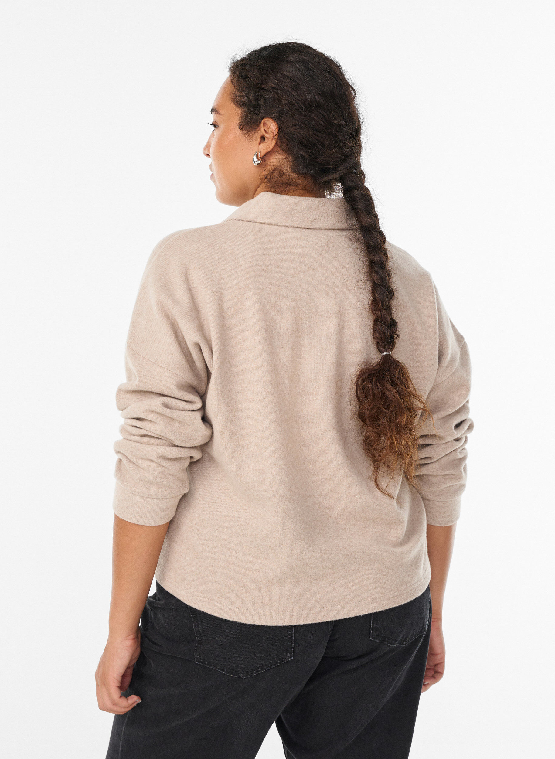 Zizzi Jerseybluse med krage og V-hals, Beige, Model image number 2
