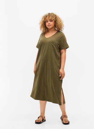 Kortermet kjole i bomull med splitt, Ivy Green, Model image number 2