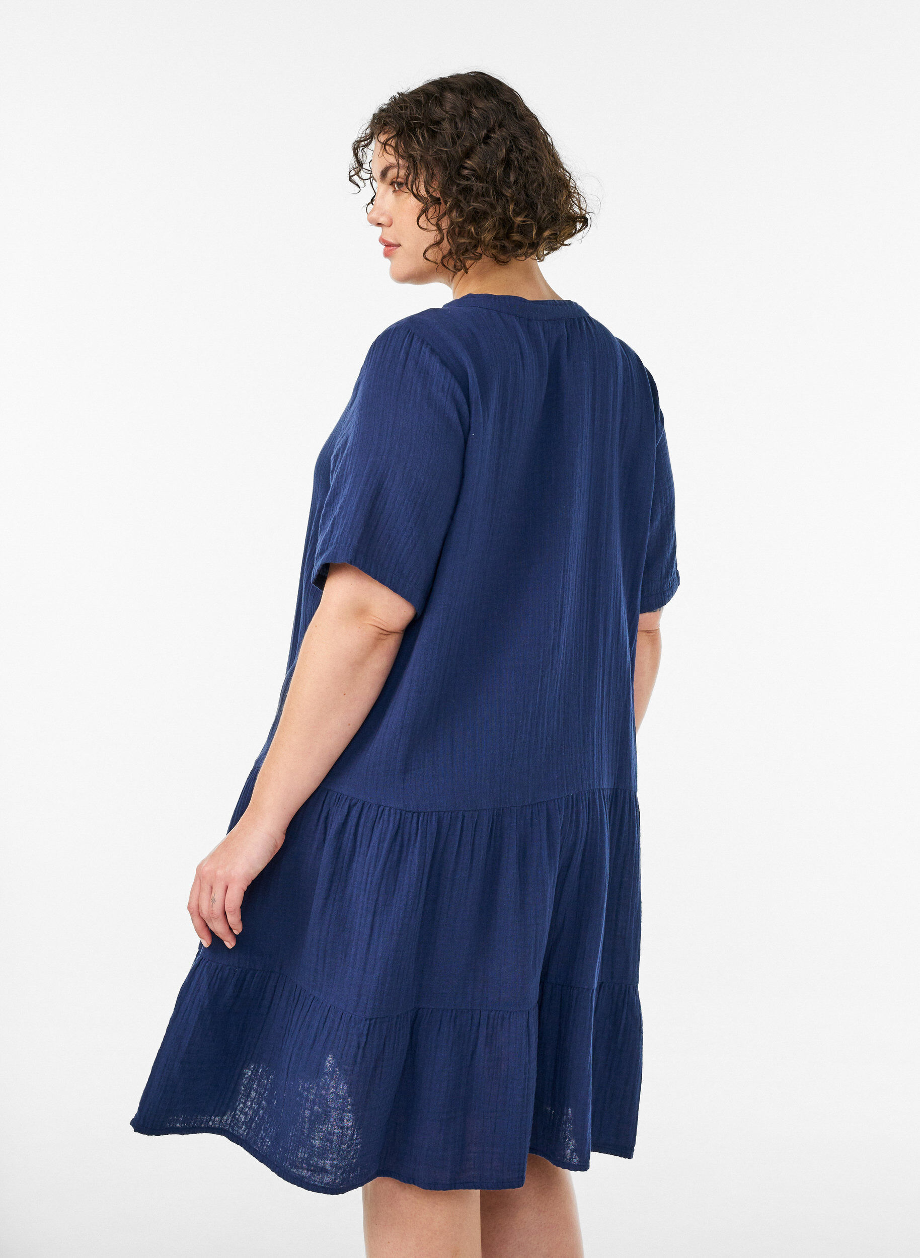 ZizziKort A-linjekjole i bomullsmuslin, Bl&aring;, Model image number 2