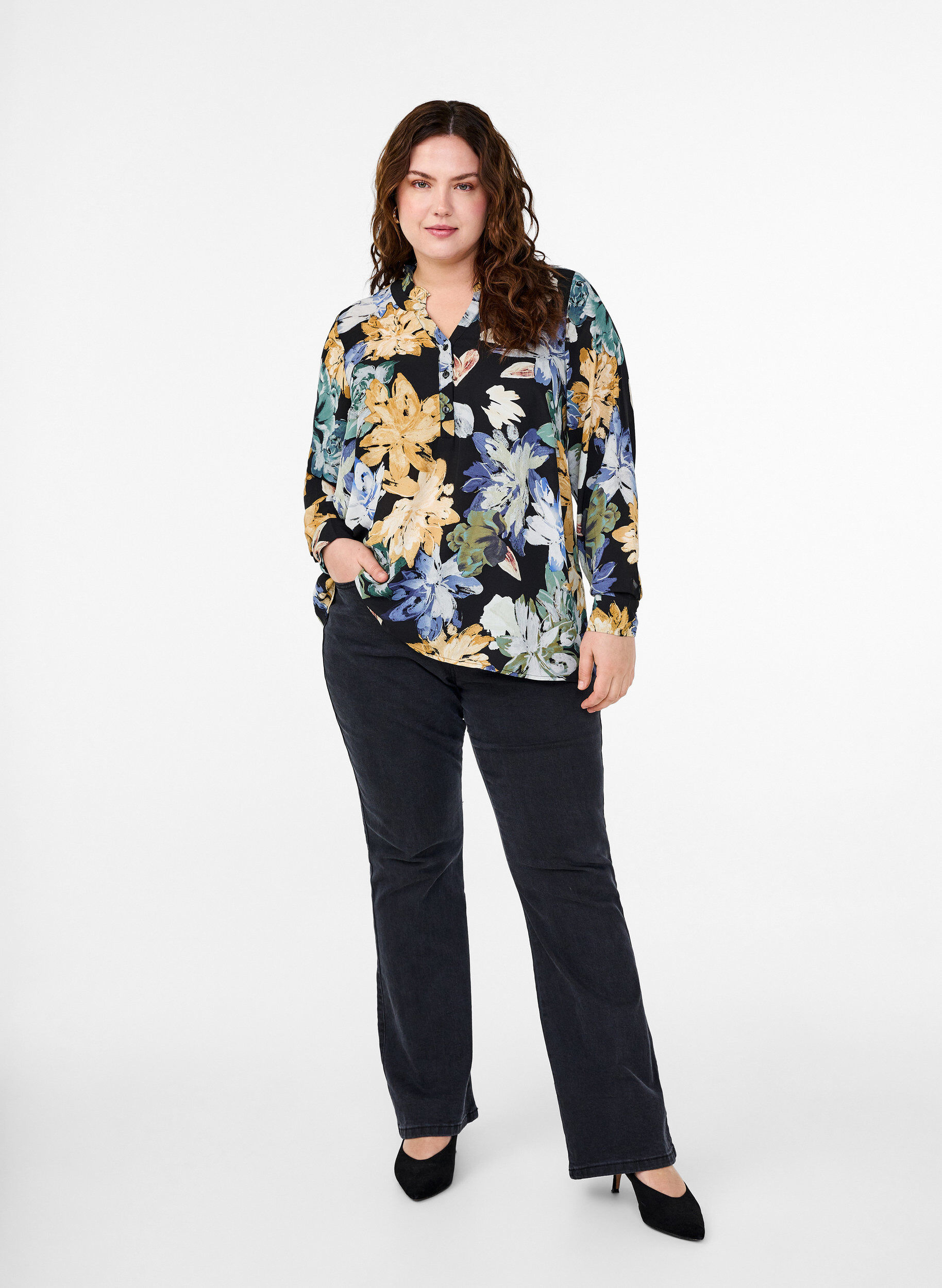 Zizzi Langermet bluse med blomstertrykk, Yellow Flower AOP, Model image number 2