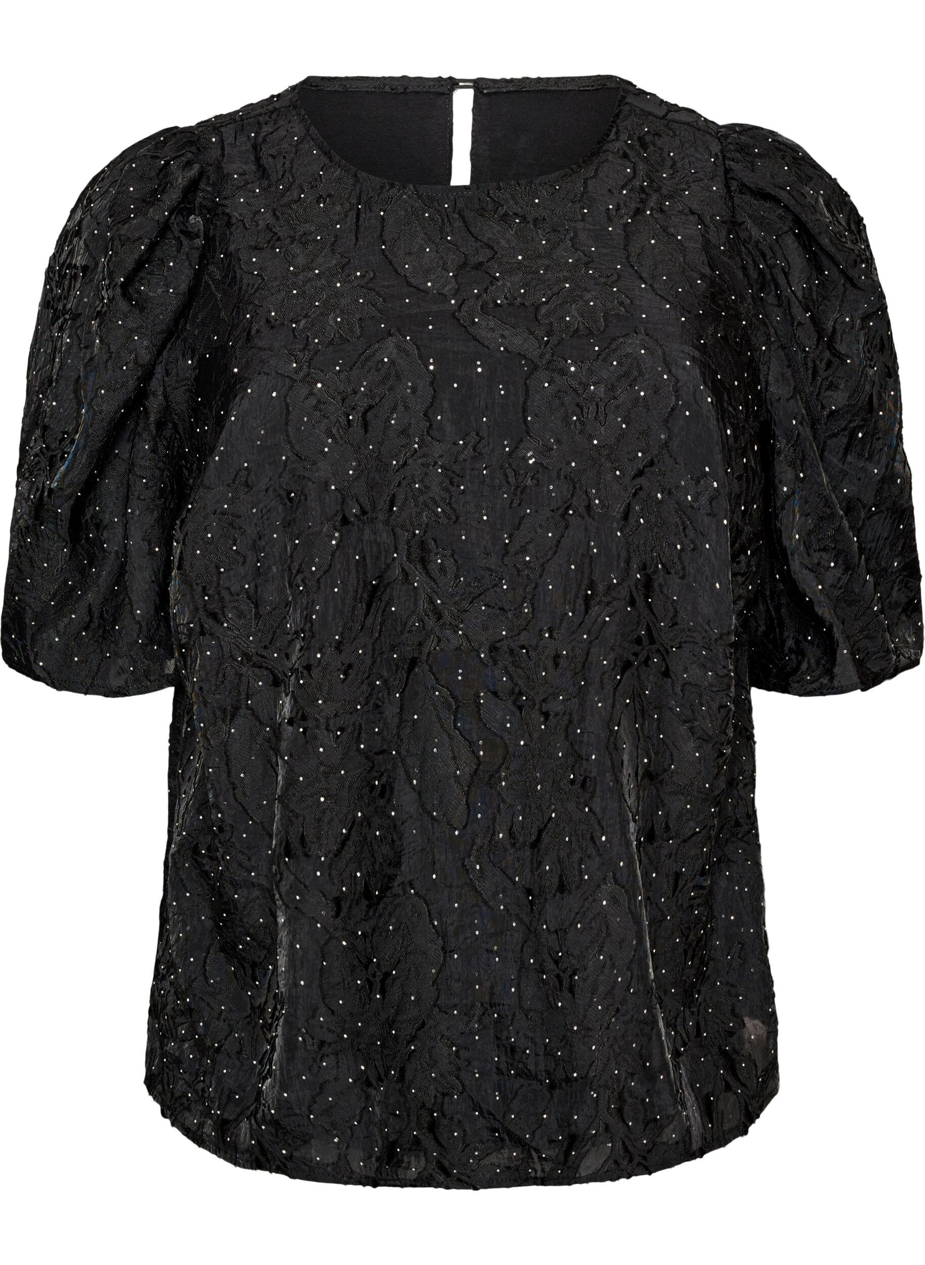 ZizziJacquard bluse med glitrende detaljer og puffede ermer, Svart, Packshot image number 0