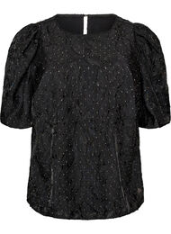 Jacquard bluse med glitrende detaljer og puffede ermer, Svart