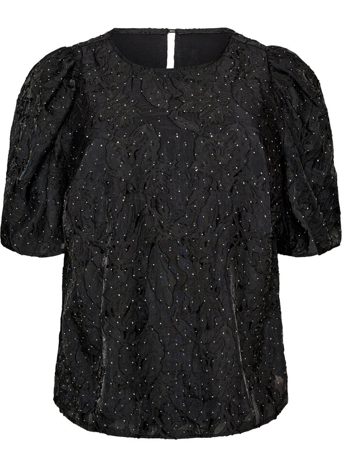 Jacquard bluse med glitrende detaljer og puffede ermer, Svart, Packshot image number 0