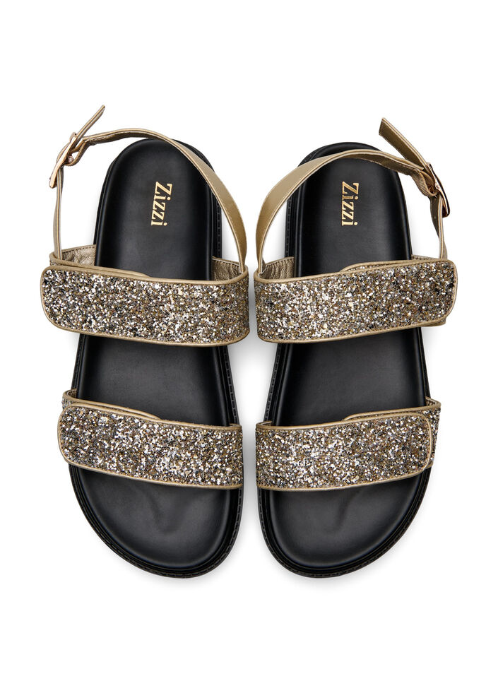 Wide fit - Glitter sandal med borrelåslukking, Golden Glitter, Packshot