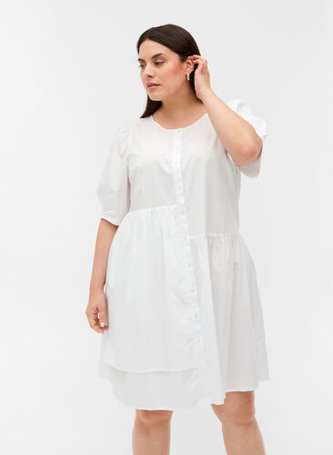 Skjortekjole i bomull med puffermer, Bright White, Model image number 0