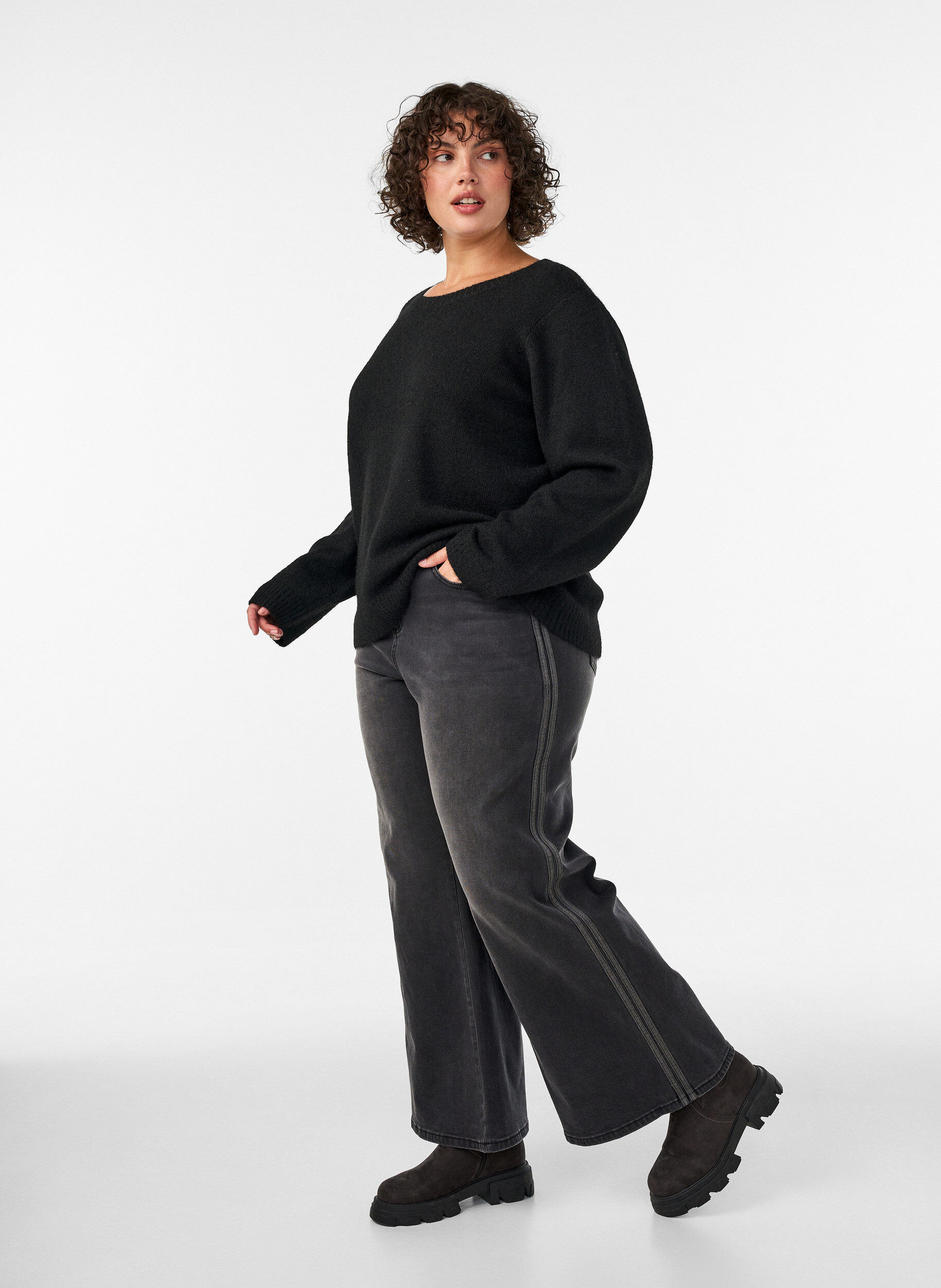 ZizziWide fit jeans med vertikale denimdetaljer, Gr&aring;, Model image number 2